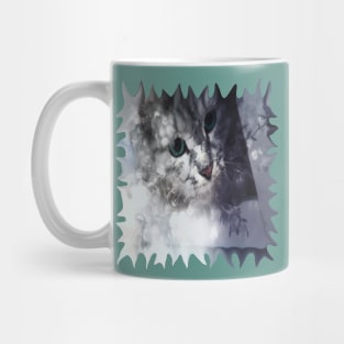 Green-eyed Kitty Peering Through the Cloudy Bush Mug